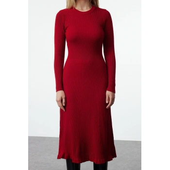 Kadın Moda Şık Midi Boy Bisiklet Yaka Slim Triko Elbise