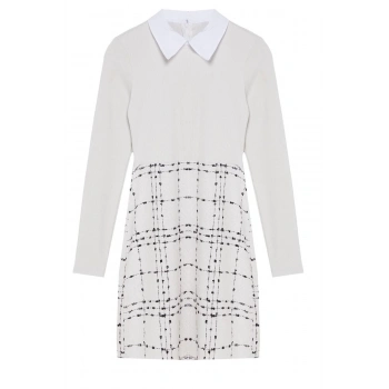 Kadın Moda Şık Mini Boy Gömlek Yaka Regular Ekose Kareli Örme Detaylı Dokuma Elbise