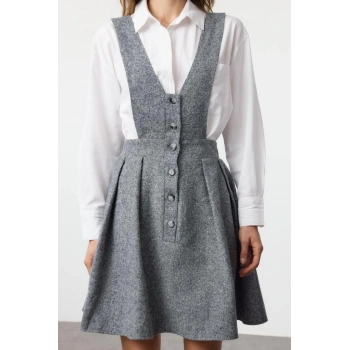 Kadın Moda Şık Mini Boy V Yaka Regular Düz Düğmeli Dokuma Elbise