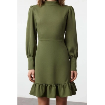 Kadın Moda Şık Mini Boy Dik Yaka Regular A Kesim Eteği Büzgülü Dokuma Elbise