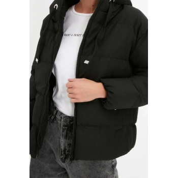 Kadın Moda Şık Regular Kapüşonlu Yaka Standart Düz Astarlı Kapüşonlu Su İtici Şişme Anorak Mont