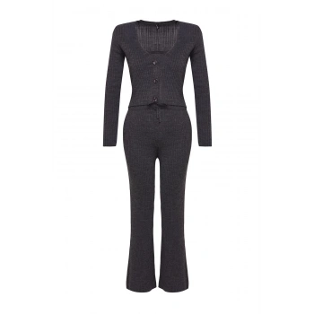 Kadın Moda Şık Geniş Paça Crop Boy Uzun Kollu Fitillli Bluz Hırka Pantolon Triko Alt-Üst Takım