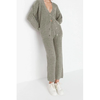 Kadın Moda Şık Geniş Paça Regular Boy Uzun Kollu Geniş Kalıp Yumuşak Dokulu Triko Alt-Üst Takım