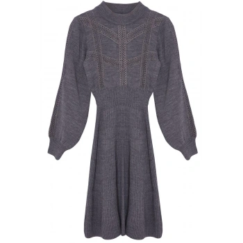 Kadın Moda Şık Mini Boy Dik Yaka Regular Triko Dantelli Elbise