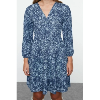 Kadın Moda Şık Mini Boy Kruvaze Regular Baskılı Skater Yaka Esnek Örme Elbise