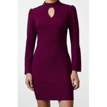 Kadın Moda Şık Mini Boy Dik Yaka Regular Dokuma Yaka Detaylı Dokuma Elbise