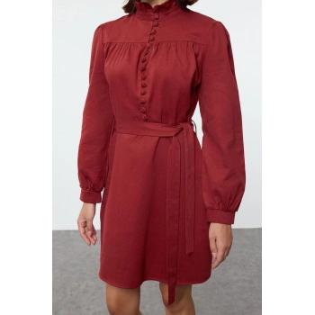 Kadın Moda Şık Mini Boy Dik Yaka Regular Düz Dokuma Elbise