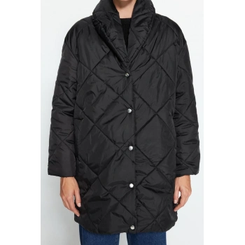 Kadın Moda Şık Oversize Ceket Yaka Midi Düz Astarlı Oversize Kapitone Şişme Mont