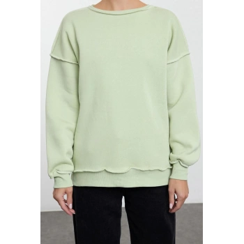 Kadın Bol Bisiklet Yaka Düşük Kol Uzun Normal Kalıp Karyoka Dikişli Kalın Polarlı Örme Sweatshirt