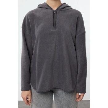 Kadın Moda Şık Bol Kapüşonlu Düşük Kol Uzun Kalın Polar ve Fermuarlı Geniş Kalıp Örme Sweatshirt