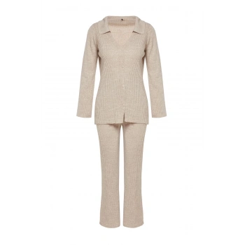 Kadın Moda Şık Geniş Paça Regular Boy Uzun Kollu Basic Polo Yaka Triko Alt-Üst Takım