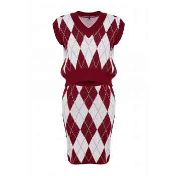 Kadın Moda Şık Geniş Paça Crop Boy Uzun Kollu Crop Desenli Jakarlı Triko Alt-Üst Takım