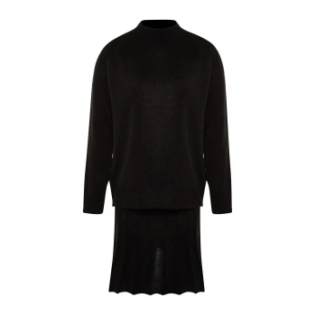 Kadın Moda Şık Geniş Paça Regular Boy Uzun Kollu Pileli Etekli Triko Alt-Üst Takım