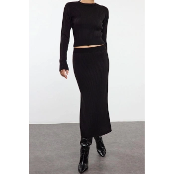 Kadın Moda Şık Geniş Paça Crop Boy Uzun Kollu Crop Etekli Triko Alt-Üst Takım