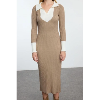 Kadın Moda Şık Midi Boy Polo Yaka Slim Triko Renk Bloklu Elbise