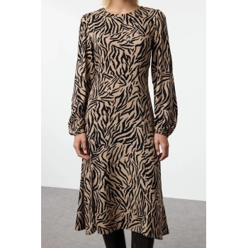 Kadın Moda Şık Midi Boy Bisiklet Yaka Regular Çiçekli Dokuma Elbise