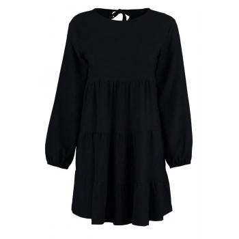 Kadın Moda Mini Boy Bisiklet Yaka Relaxed Volanlı Skater Belden Açılan Bürümcük Dokulu Örme Elbise