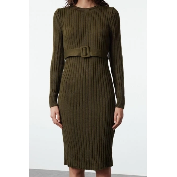 Kadın Moda Şık Midi Boy Kayık Yaka Regular Triko Kemerli Elbise