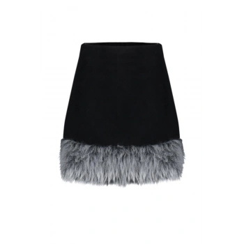 Kadın Moda Stil Mini Astarsız Dokuma Limited Edition Etek Ucu Peluş Detaylı Süper Mini Dokuma Etek