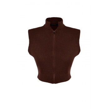 Kadın Moda Şık Dik Yaka Standart Kol Crop Fermuarlı Basic Triko Yelek