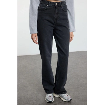 Kadın Moda Şık Kot Pantolon Geniş Paça Regular Boy Denim Yüksek Bel Uzun Straight Jeans