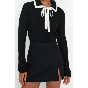 Kadın Moda Şık Polo Yaka Standart Kol Regular Renk Bloklu Kurdeleli Detaylı Triko Kazak