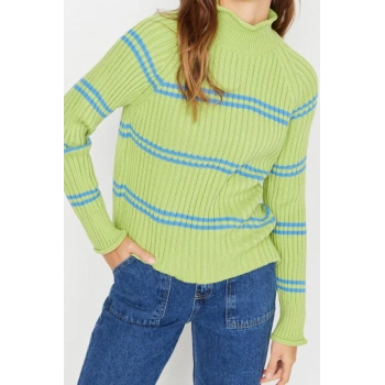 Kadın Moda Şık Dik Yaka Reglan Kol Regular Çizgili Triko Kazak