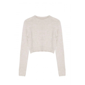 Kadın Moda Şık Bisiklet Yaka Standart Kol Crop Yumuşak Dokulu Triko Kazak