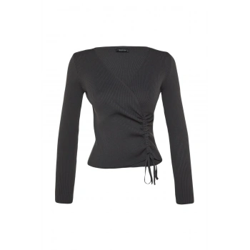 Kadın Moda Şık Kruvaze Standart Kol Regular Büzgü Detaylı Triko Kazak