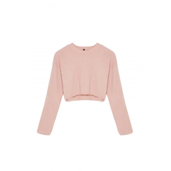 Kadın Moda Şık Bisiklet Yaka Standart Kol Crop Süper Basic Triko Kazak