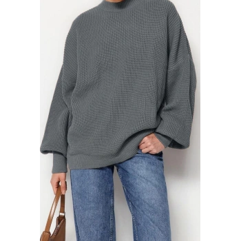 Kadın Moda Şık Bisiklet Yaka Balon Kol Regular Geniş Kalıp Basic Triko Kazak