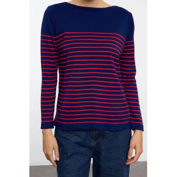 Kadın Moda Şık Bisiklet Yaka Standart Kol Regular Lacivert Basic Çizgili Triko Kazak