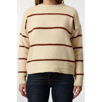 Kadın Moda Şık Bisiklet Yaka Standart Kol Regular Buklet Çizgili Triko Kazak