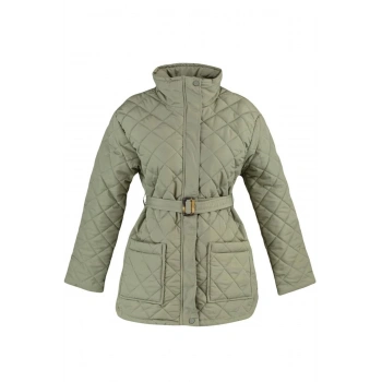 Kadın Moda Şık Regular Dik Yaka Midi Düz Astarlı Oversize Kemerli Su İtici Kapitone Mont