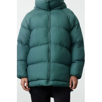 Kadın Moda Şık Bol Kapüşonlu Yaka Midi Düz Astarlı Kapüşonlu Su İtici Kışlık Şişme Mont