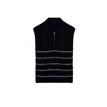 Kadın Moda Şık Polo Yaka Standart Kol Regular Fermuarlı Çizgili Triko Süveter