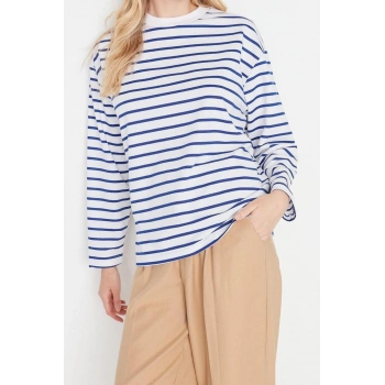 Kadın Moda Şık Oversize Bisiklet Yaka Düşük Kol Uzun Çizgili Geniş Kesim İnce Örme Sweatshirt