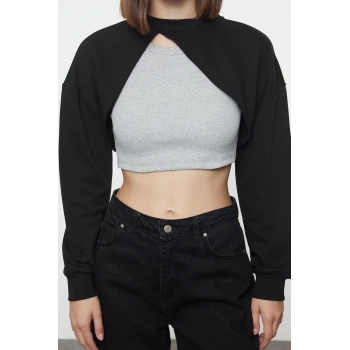 Kadın Moda Şık Crop Bisiklet Yaka Düşük Kol Crop Asimetrik Super Crop İnce Örme Sweatshirt