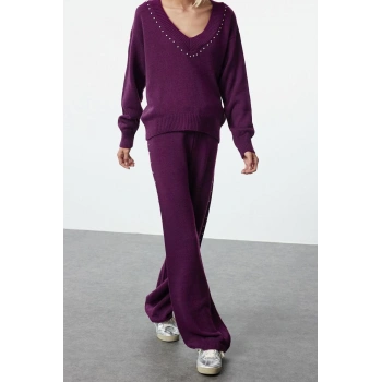 Kadın Moda Şık Boru Paça Regular Boy Uzun Kollu Geniş Kalıp Taş Detaylı Triko Alt-Üst Takım