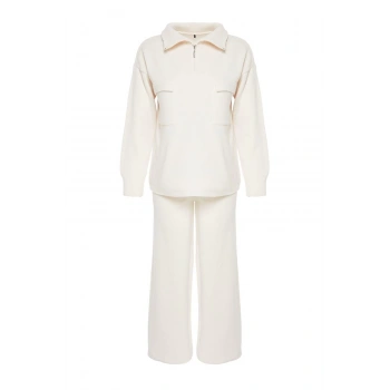 Kadın Moda Şık Regular Boy Uzun Kollu Geniş Kalıp Fermuarlı ve Cepli Triko Alt-Üst Takım