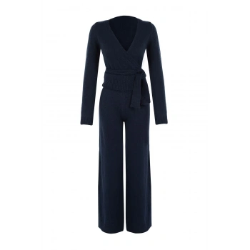 Kadın Moda Şık Boru Paça Crop Boy Uzun Kollu Crop Kruvaze Bağlama Detaylı Triko Alt-Üst Takım