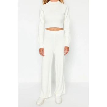 Kadın Moda Şık Boru Paça Crop Boy Uzun Kollu Crop Basic Triko Alt-Üst Takım