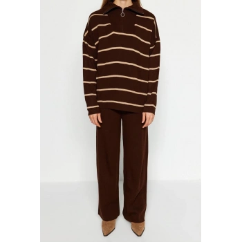 Kadın Moda Şık Regular Boy Uzun Kollu Geniş Kalıp Fermuarlı Triko Alt-Üst Takım