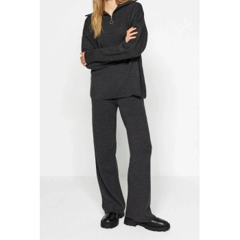 Kadın Moda Şık Regular Boy Uzun Kollu Geniş Kalıp Fermuarlı Triko Alt-Üst Takım