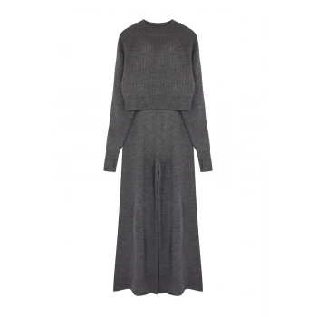 Kadın Moda Şık Boru Paça Crop Boy Uzun Kollu Crop Parmak Detaylı Triko Alt-Üst Takım