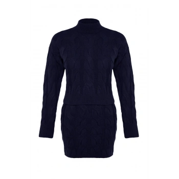 Kadın Moda Şık Regular Boy Uzun Kollu Crop Dik Yaka Triko Etekli Alt-Üst Takım