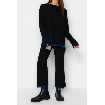 Kadın Moda Şık Regular Boy Uzun Kollu Geniş Kalıp Kontrast Renkli Triko Alt-Üst Takım
