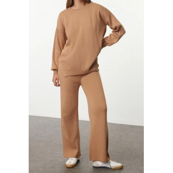 Kadın Moda Şık Regular Boy Uzun Kollu Geniş Kalıp Balon Kol Triko Alt-Üst Takım