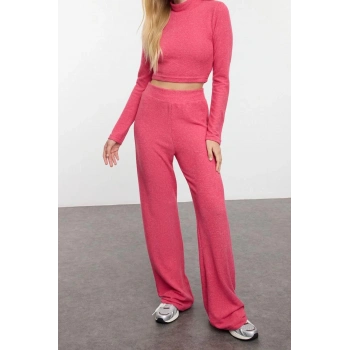 Kadın Moda Şık Geniş Paça Uzun Boy Dik Yaka Yumoş Crop ve Geniş Paça Örme Alt-Üst Takım