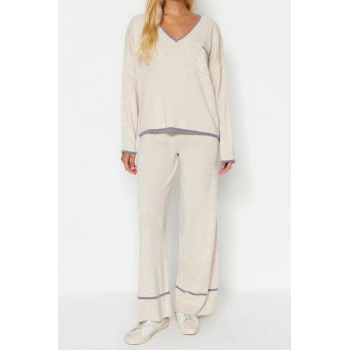 Kadın Moda Şık Dar Paça Regular Boy Uzun Kollu Geniş Kalıp Tüylü İplik Garnili Triko Alt-Üst Takım
